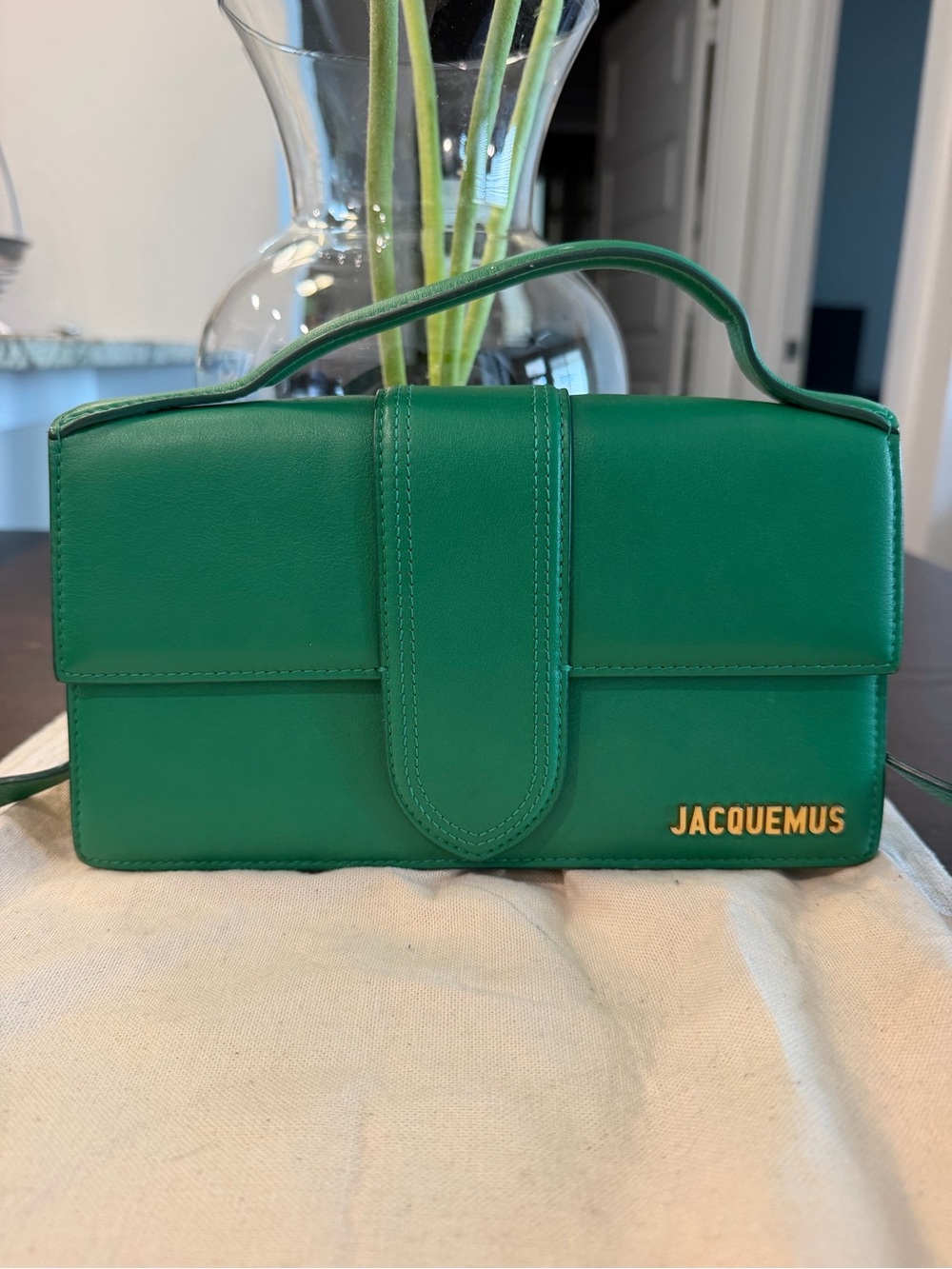 Jacquemus Green Leather Top-Handle Shoulder Bag with Gold Logo